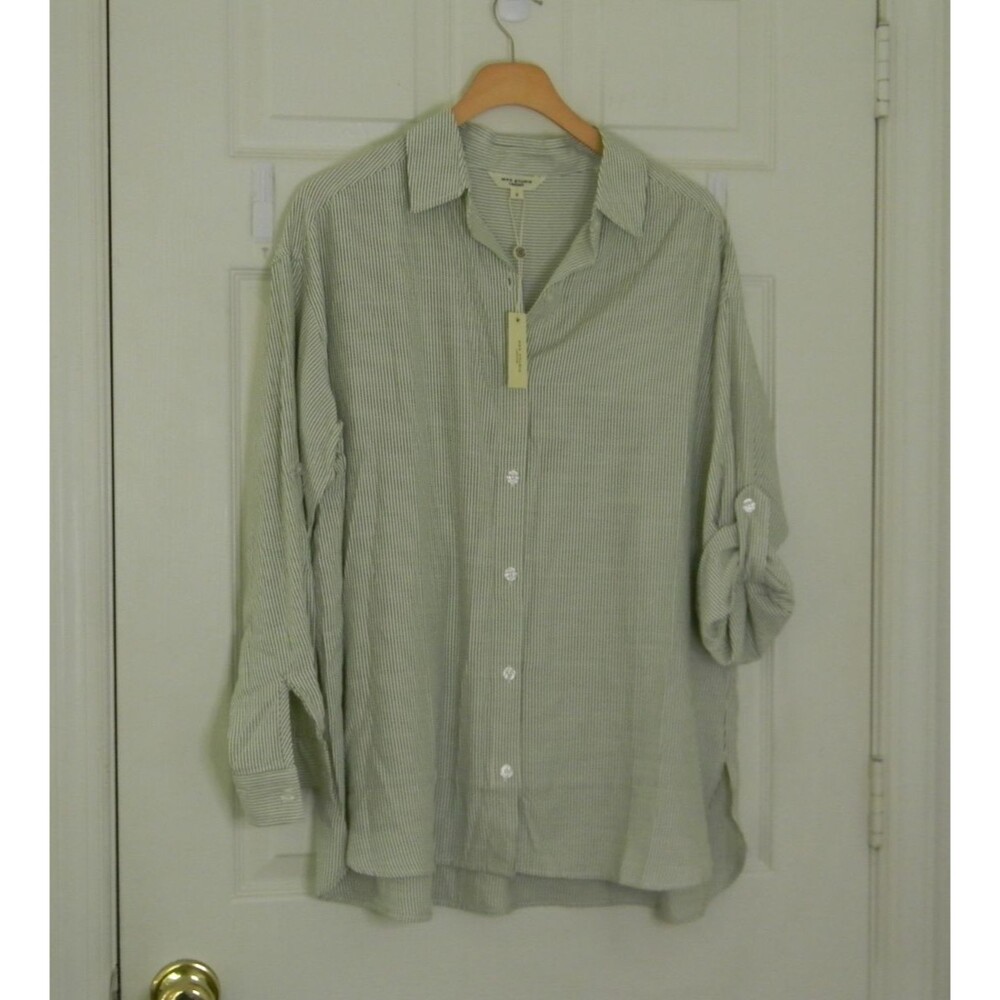 Max Stuido London Button Up Green White Striped Long Sleeves Sz Small NWT